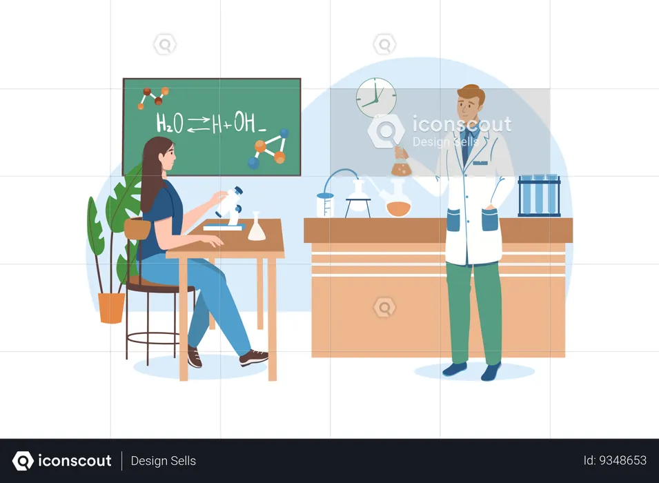 Girl studies various chemical in class with teacher  Illustration