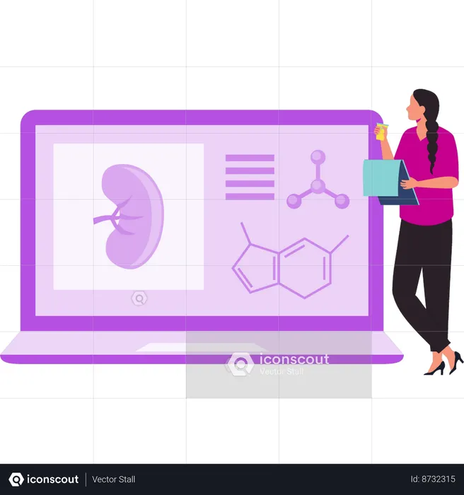 Girl studying about cells on laptop  Illustration