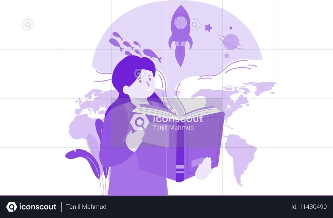 천체물리학을 공부하는 소녀  일러스트레이션