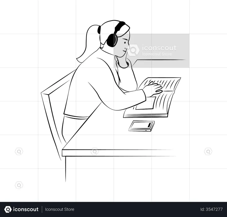 Girl studying while listening to song  Illustration