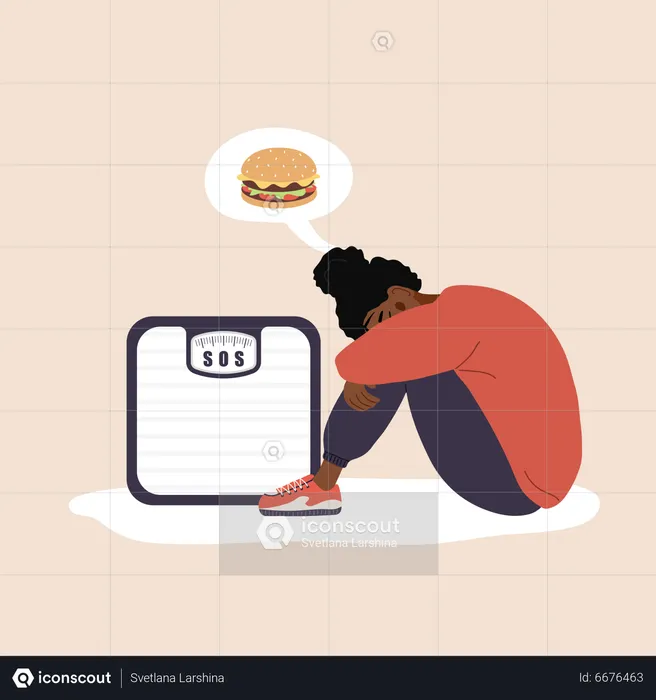 Girl suffering from fast food addiction  Illustration