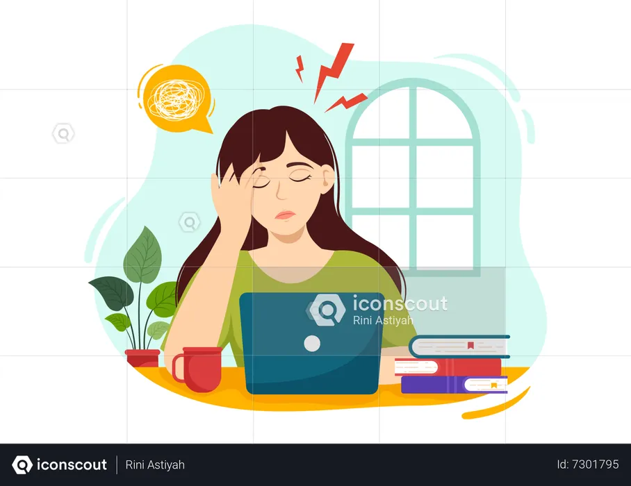 Girl suffering Migraine at workplace  Illustration