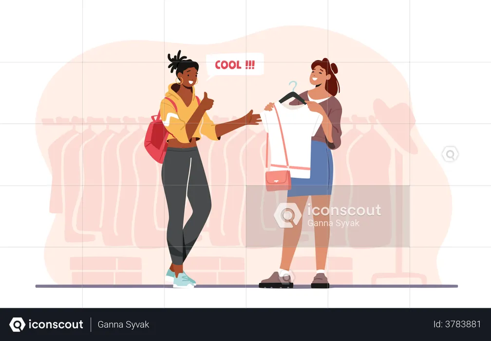 Girl Suggesting Top To Another Girl At Shopping Mall  Illustration