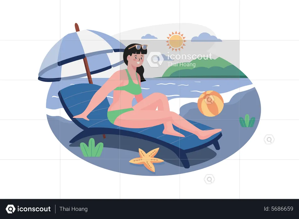 Girl sunbathing at the beach  Illustration