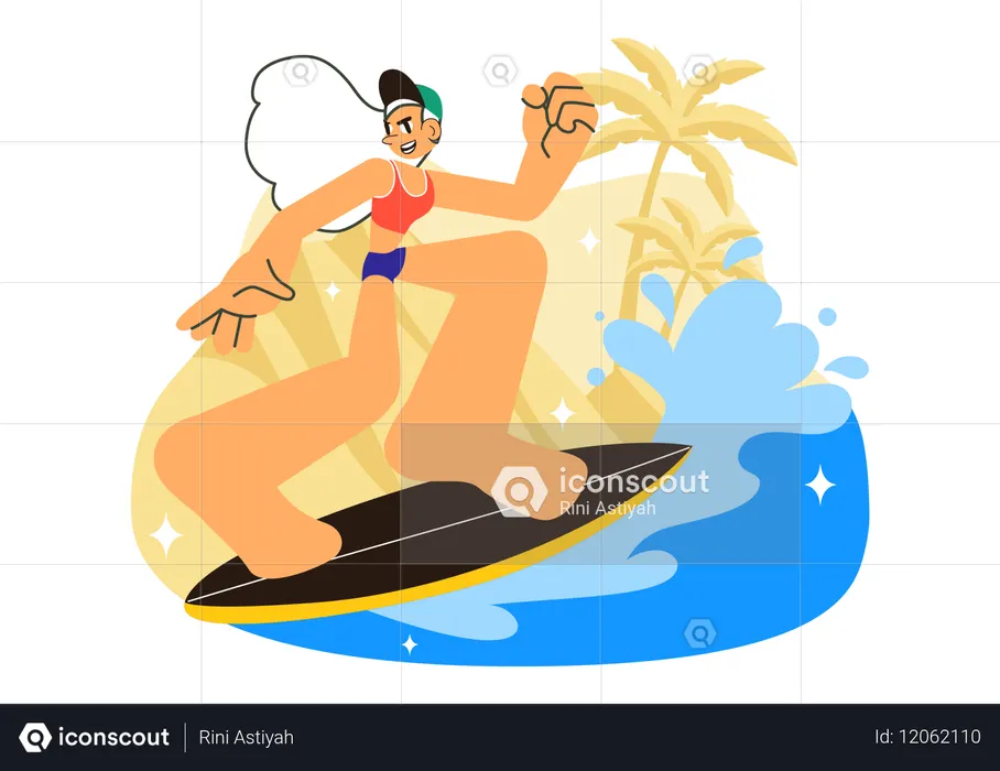 Girl surfing in ocean  Illustration