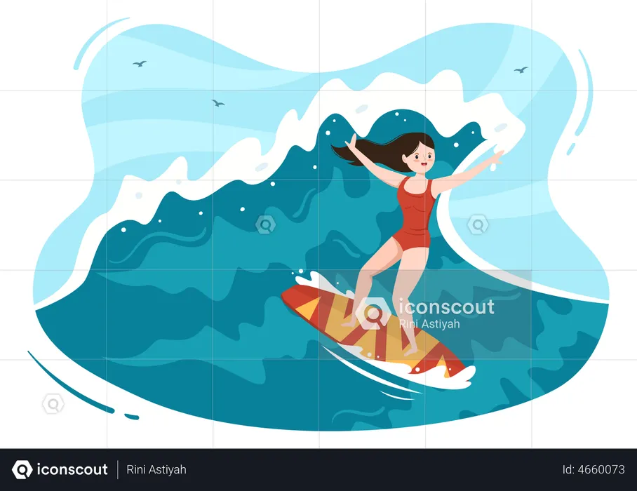 Girl surfing in sea  Illustration