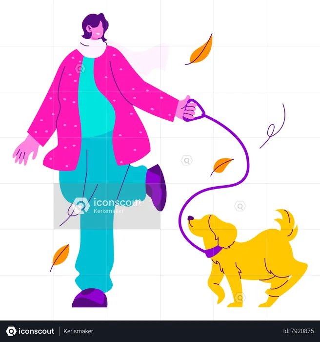 Girl Take A Walk With Pet  Illustration