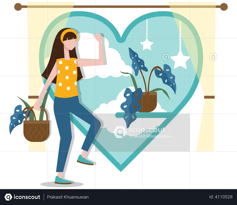 Girl taking care of home plants  Illustration