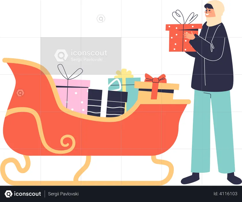 Girl taking gift box from santa sleigh. Christmas presents in sledge decoration for exterior  Illustration