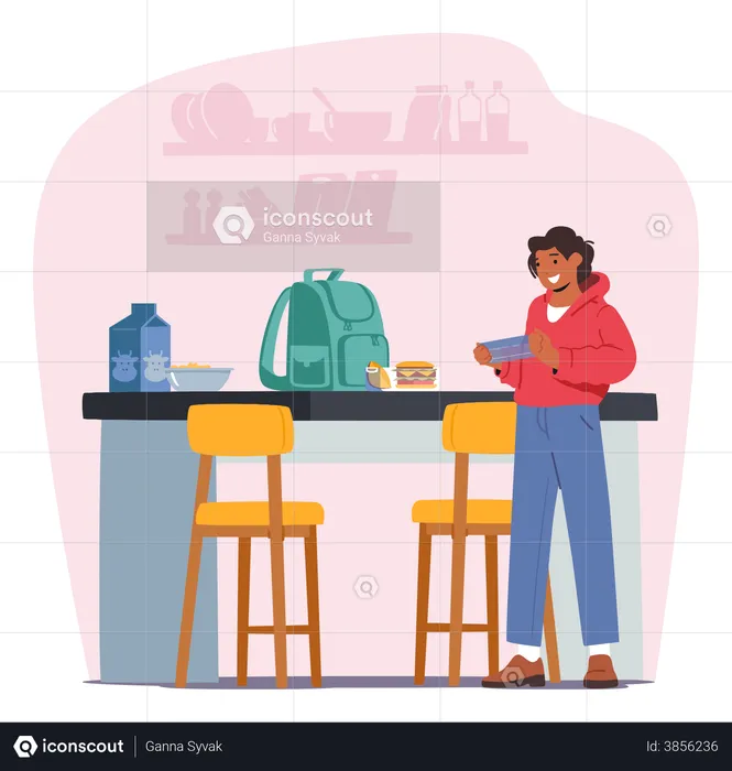 Girl taking lunch from kitchen while going to school  Illustration