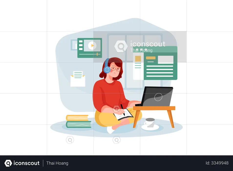 Girl taking notes in online class  Illustration