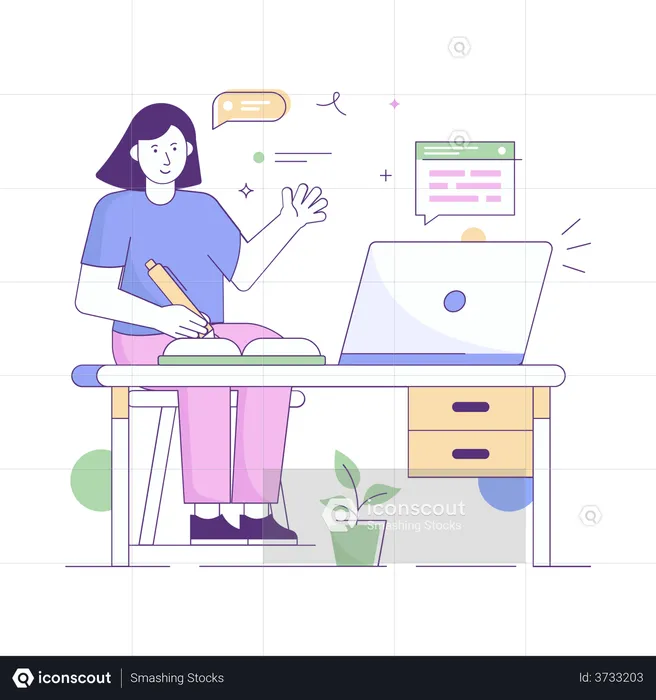 Girl taking notes in online class  Illustration
