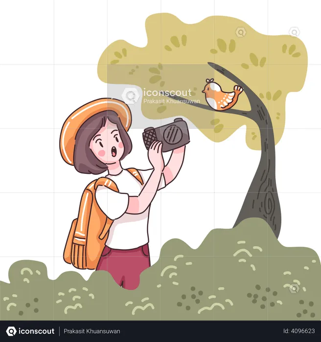 Girl taking picture of bird while trekking  Illustration