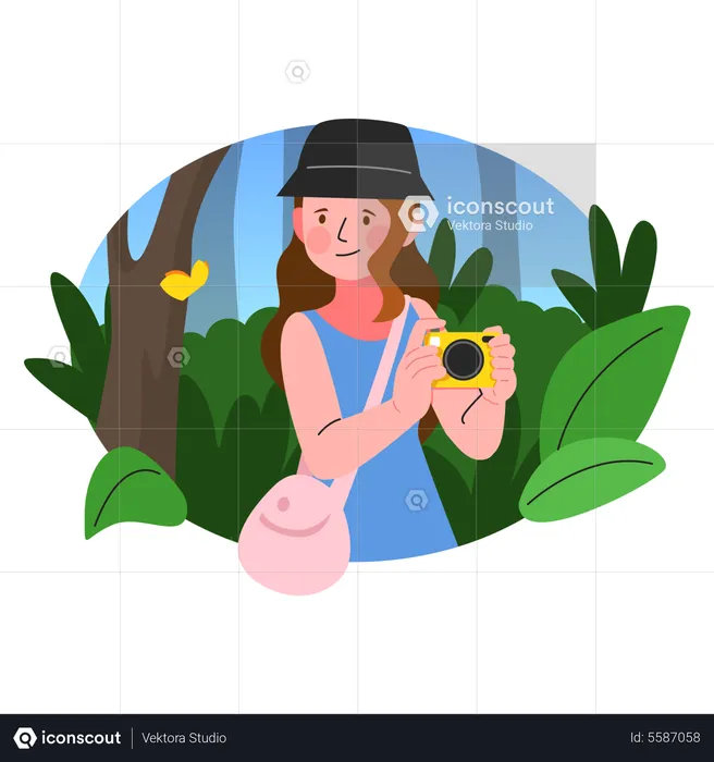 Girl taking pictures while trekking  Illustration