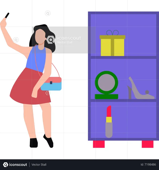 Girl taking selfie in shopping store  Illustration