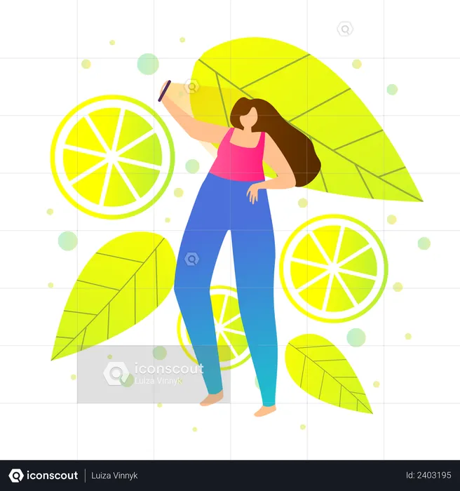 Girl Taking Selfie over lemon or summer background  Illustration
