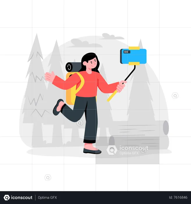 Girl Taking Selfie While Camping  Illustration