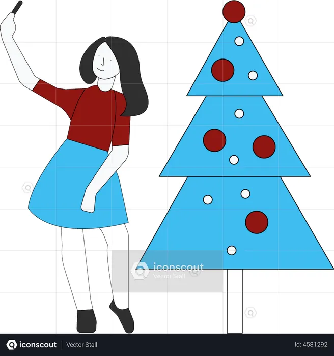 Girl taking selfie with Christmas tree  Illustration