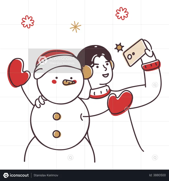 Girl taking selfie with snowman  Illustration
