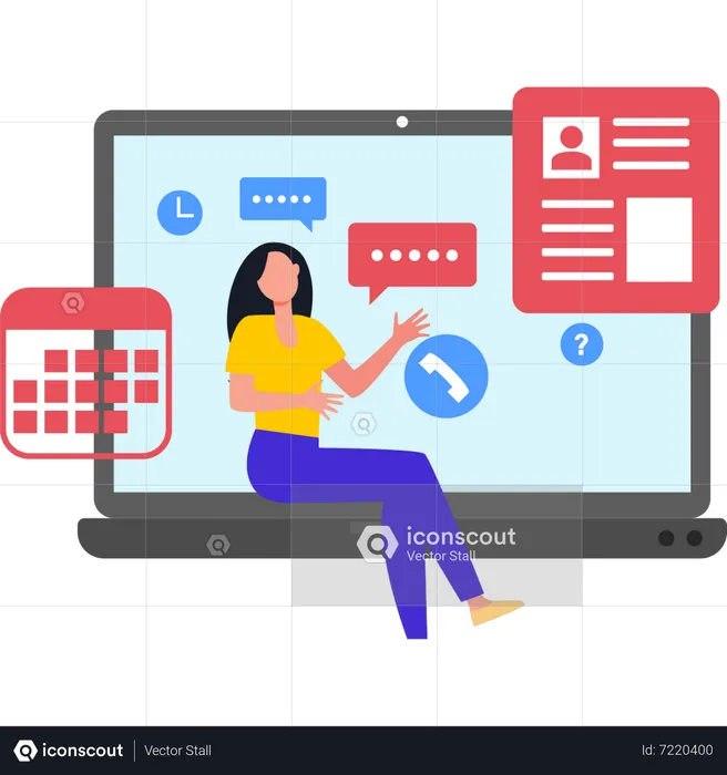 Girl talking on call on laptop  Illustration