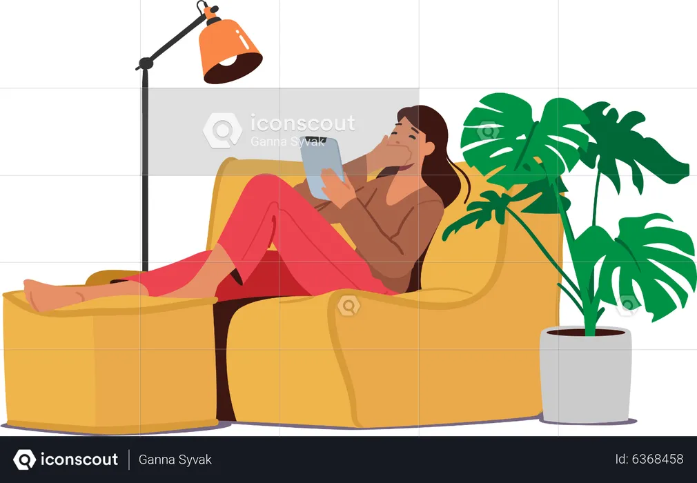 Girl talking online while sitting on couch  Illustration