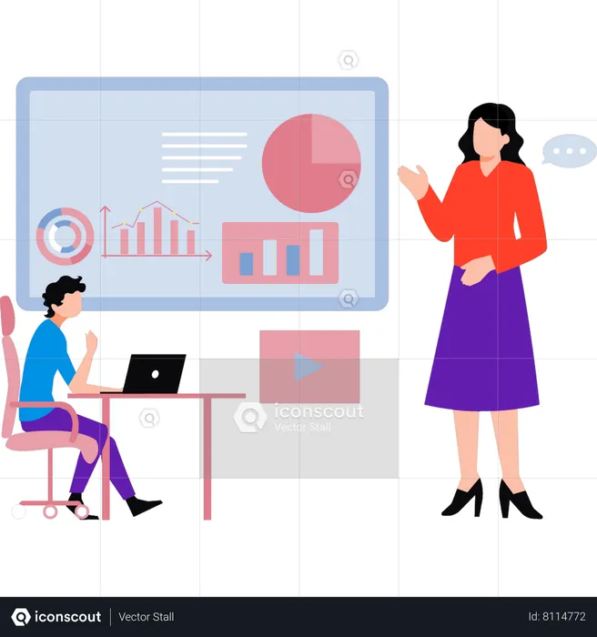 Girl talking to guy working on business graph  Illustration