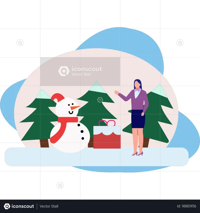 Girl talking with Snowman  Illustration