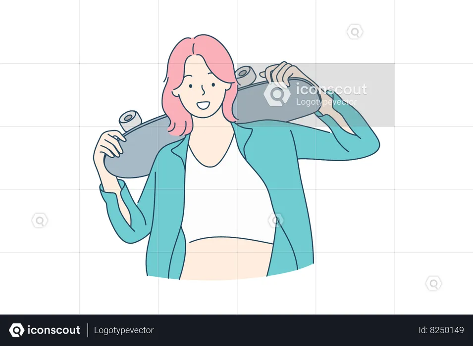 Girl teenager stands with skateboard looks straight at camera  Illustration