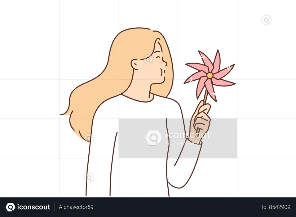 Girl teenager with pinwheel for children in hands  Illustration