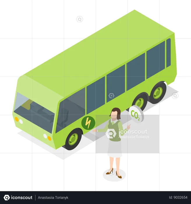 Girl telling about electric bus to do sustainable development  Illustration