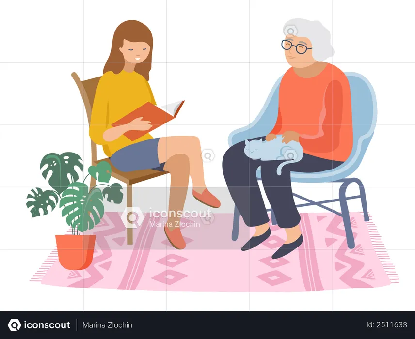 Girl telling story to her grandmother  Illustration