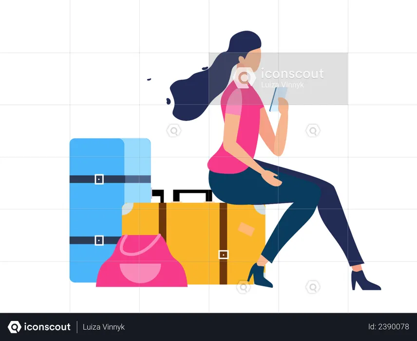 Girl texting on mobile while sitting on bag  Illustration