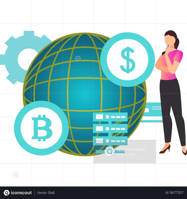 Girl thinking about foreign exchange business  Illustration
