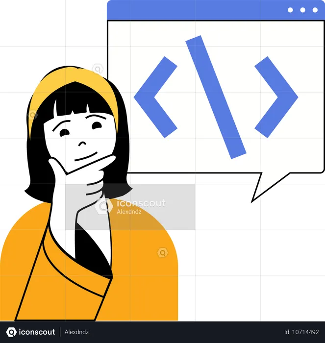 HTML 프로그램에 대해 생각하는 소녀  일러스트레이션