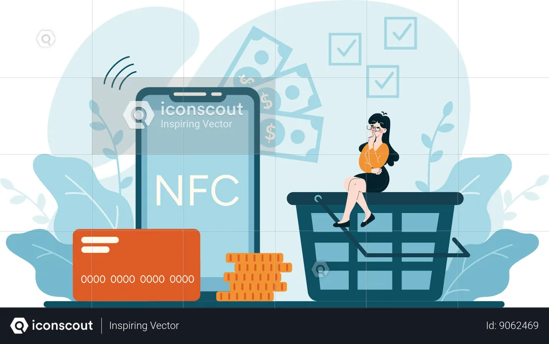 Girl thinking about nfc payment  Illustration