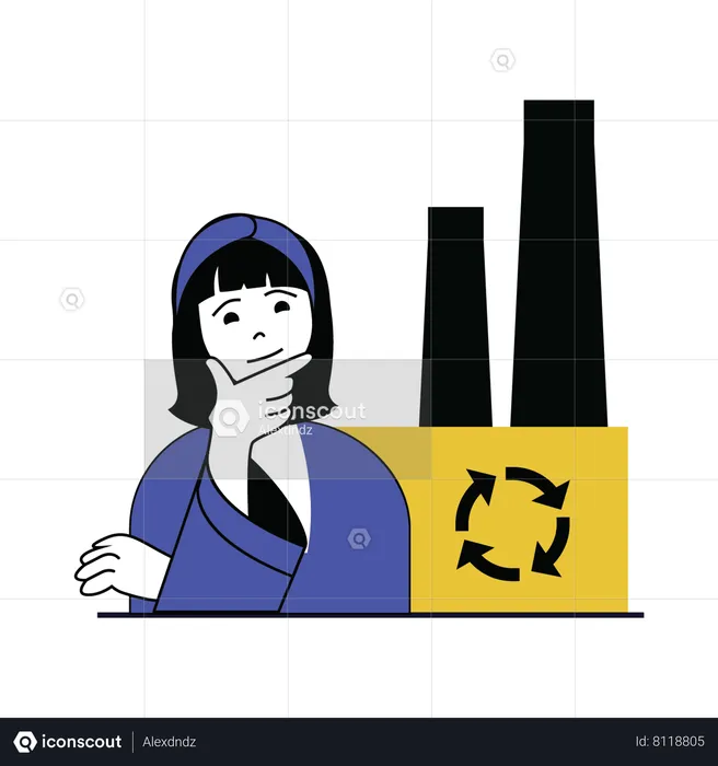 Girl thinking about reduce factory pollution  Illustration