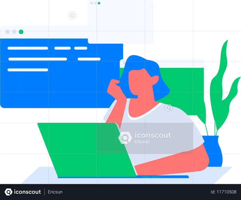 Girl thinking about web coding  Illustration