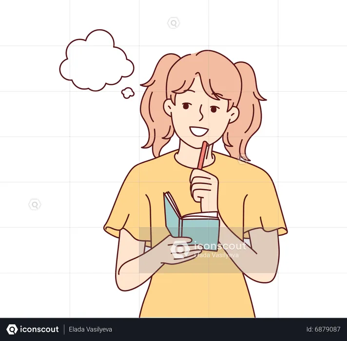 Girl thinking and noting thoughts in diary  Illustration