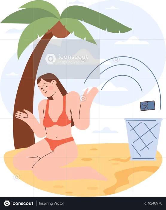 Girl throwing mobile  in dust bin at beach  Illustration