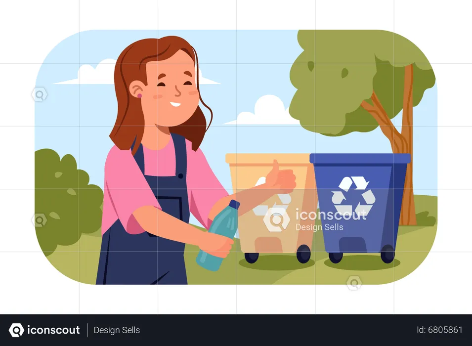 Girl throwing plastic bottle in dustbin  Illustration