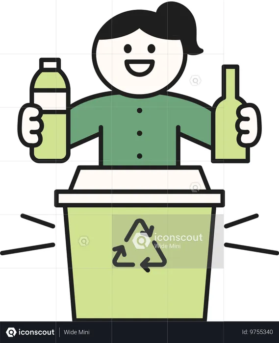 Girl throwing plastic bottles in garbage bin  Illustration