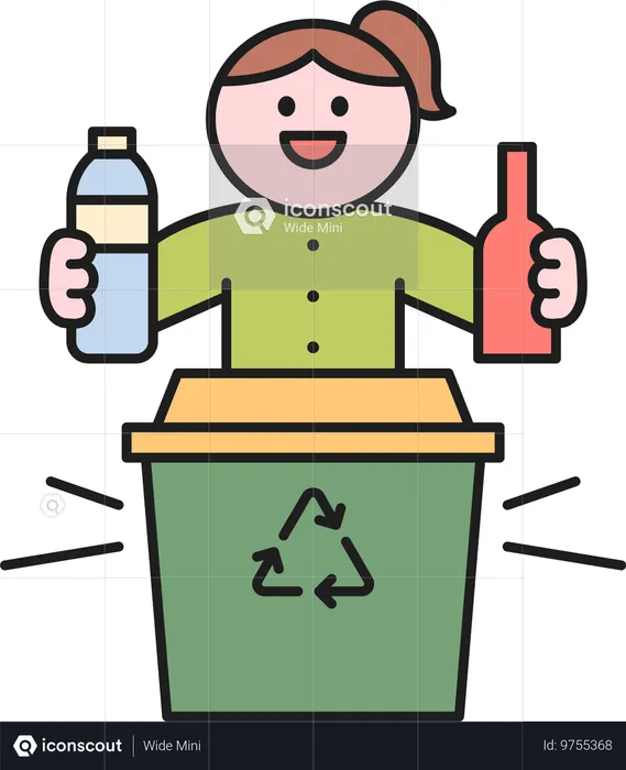 Girl throwing plastic bottles in garbage bin  Illustration