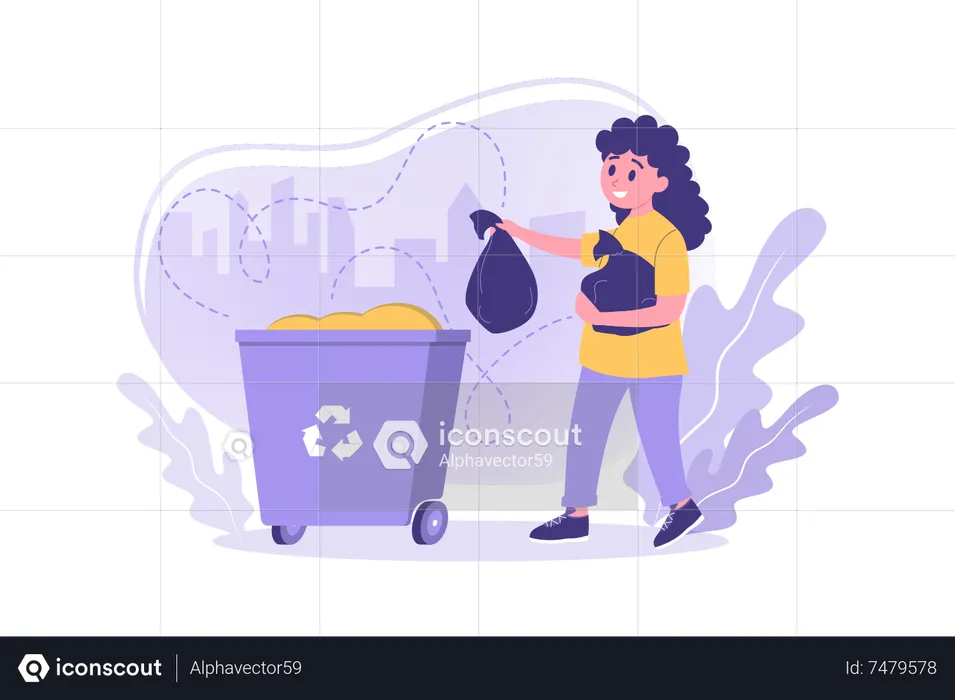 Girl throwing waste in recycle bin  Illustration