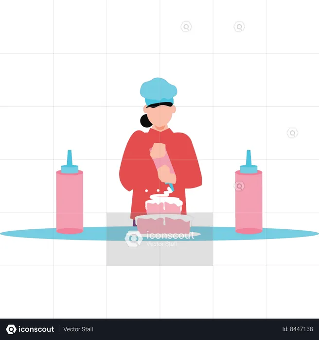 Girl topping cake with cream  Illustration