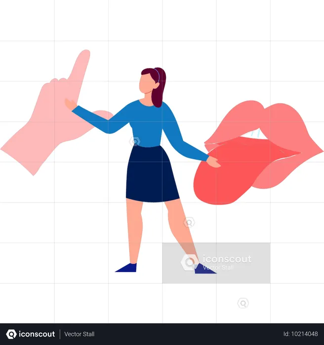 Girl touching human tongue  Illustration