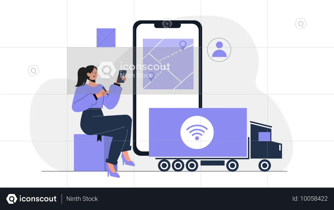 Girl tracking order using mobile  Illustration