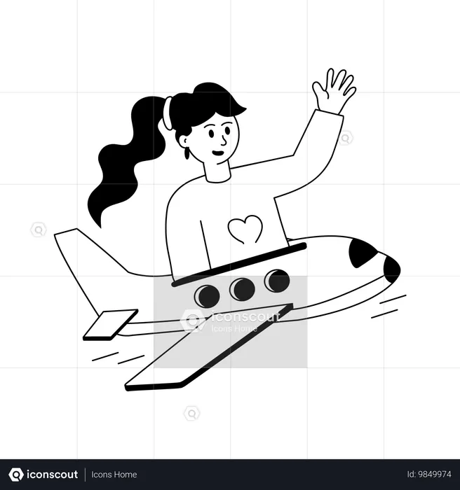 飛行機で旅行する女の子  イラスト