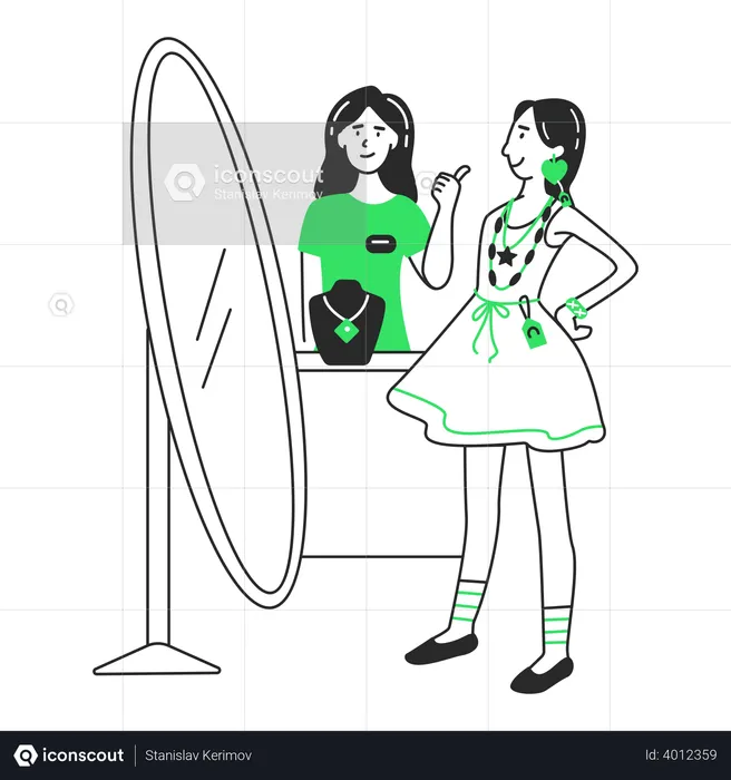 Girl tries on a dress in front of the mirror  Illustration