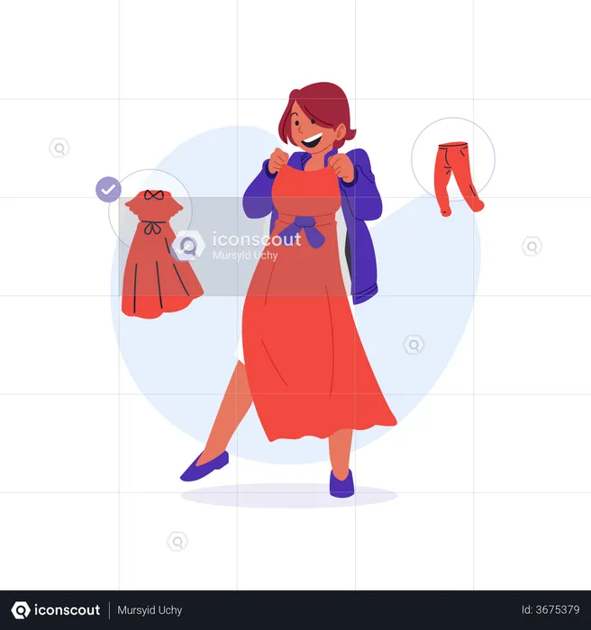 Girl trying dress for shopping  Illustration