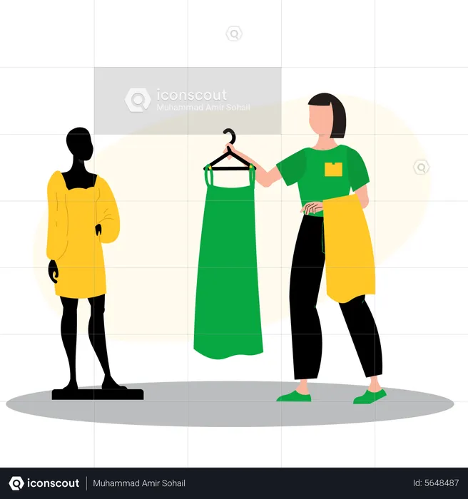Girl trying new dress in fashion shop  Illustration